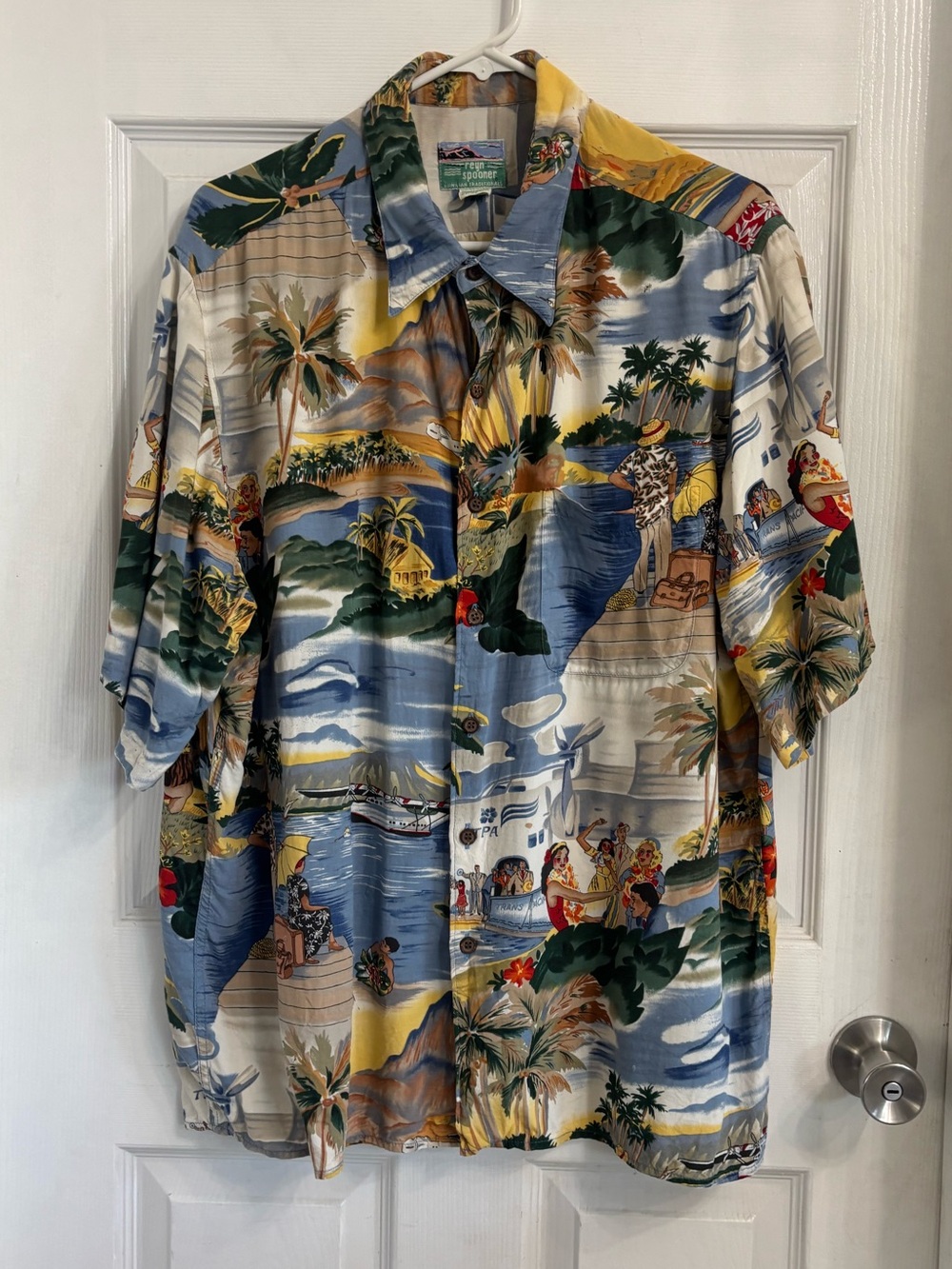 Reyn Spooner Multicolor Tropical Haw Print Camp Shirt in Blue, Green & Yellow XL